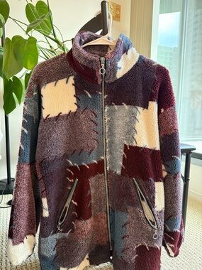 Sherpa Zip-Up Jacket in Burgundy, Gray & Cream